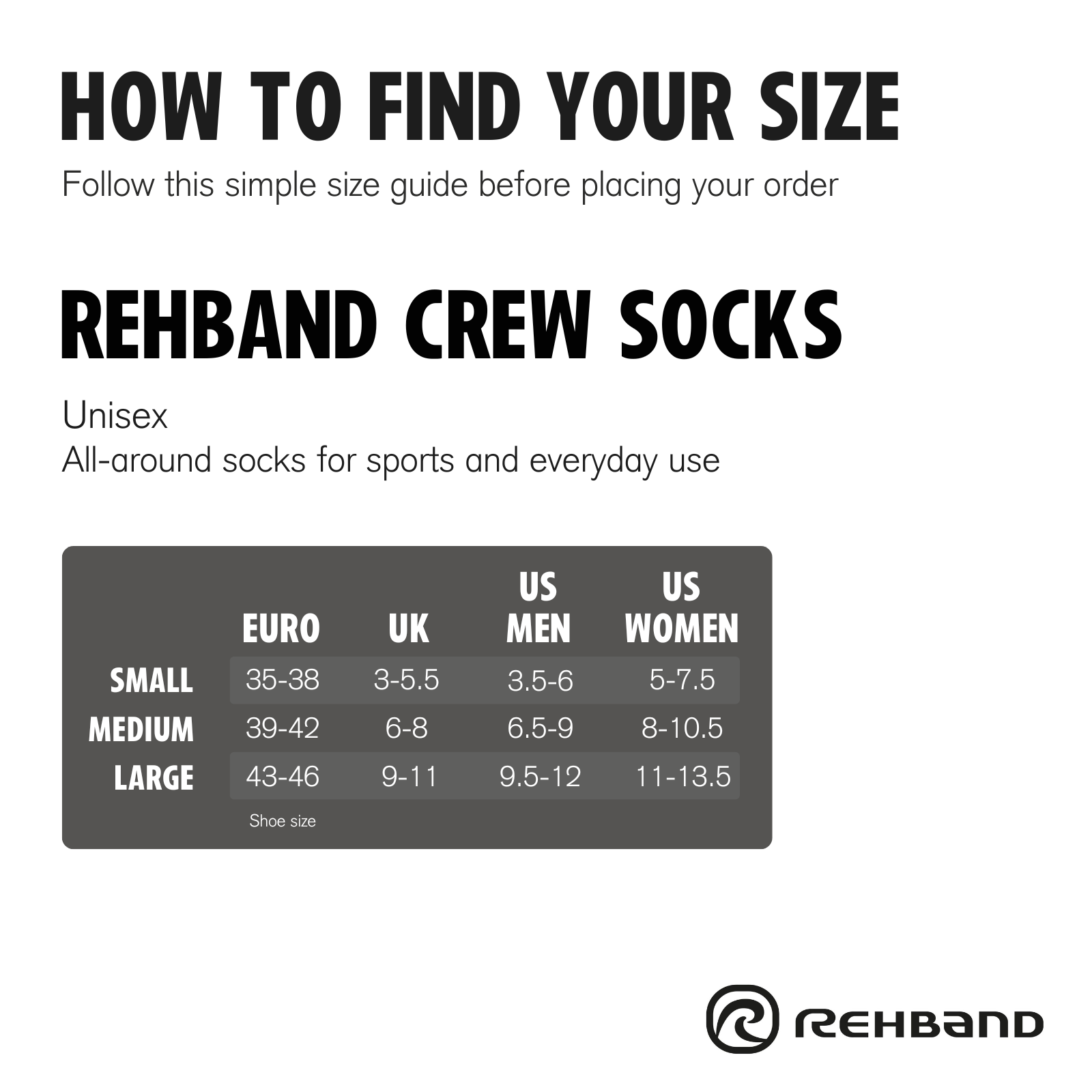 Rehband RX Performance Crew Socks Size Chart
