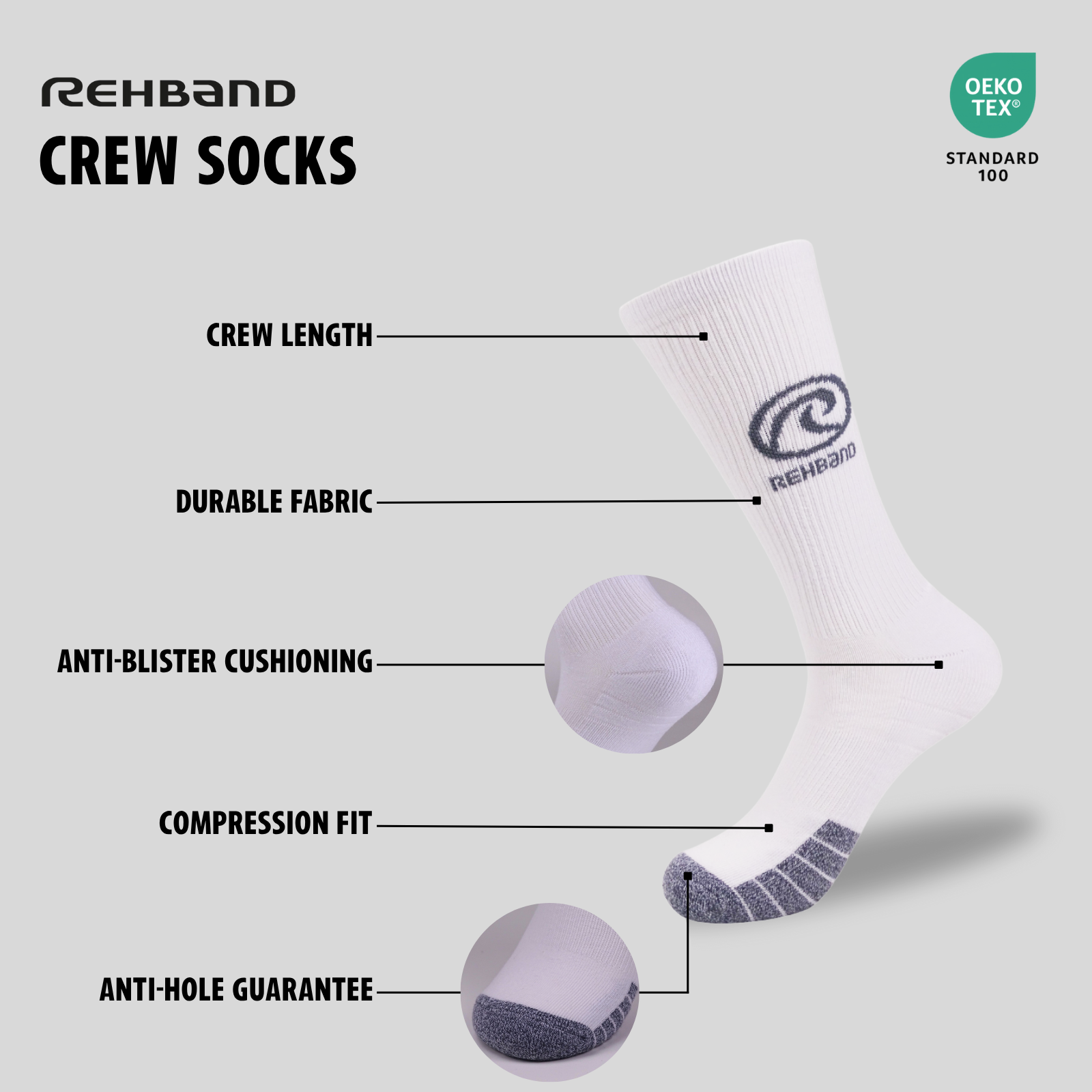 rehband rx performance crew socks usps: durable, blister-free, compression fit, anti-hole guarantee